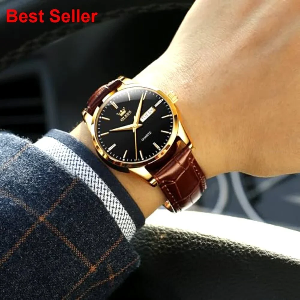 Men's Leather Watch Stainless Steel Day Date Waterproof Luminous